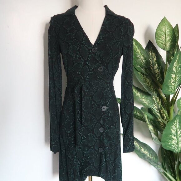 ZARA Green Black Snake Print Wrap Mini Dress Long Sleeve Belted Collared XS - Picture 5 of 12